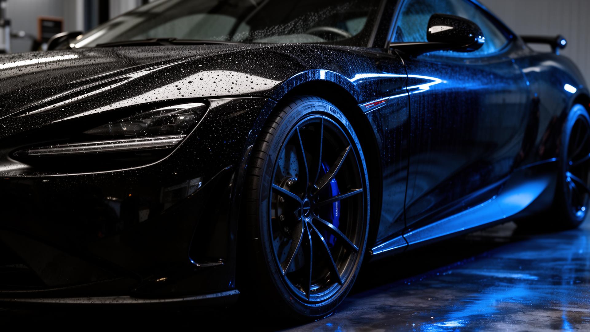 Black sports car with water beads being detailed